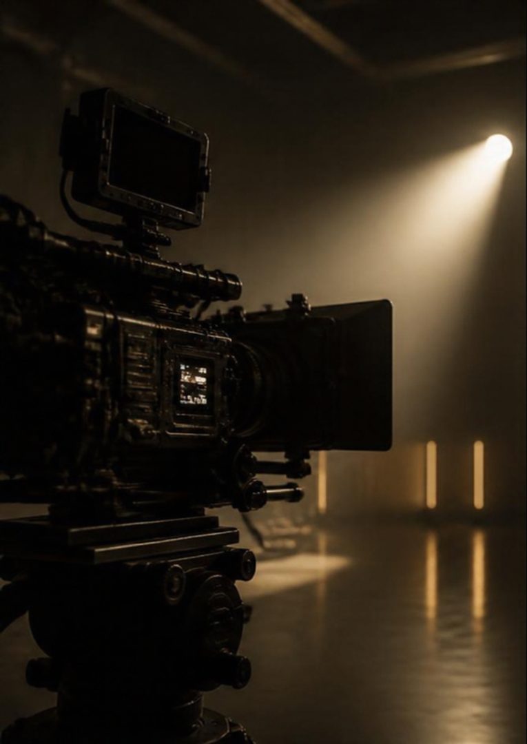 A professional cinema camera in a dark studio, lit by a single spotlight
