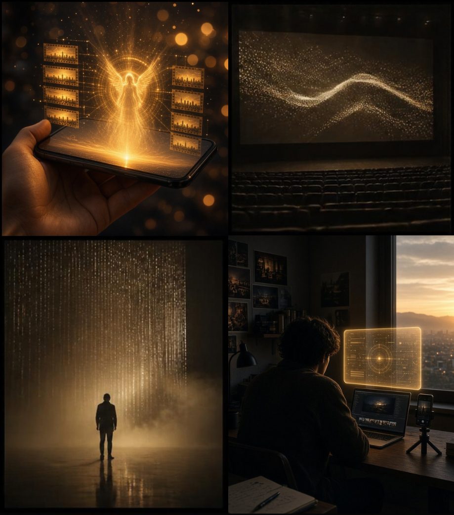 AI film imagery: a hologram rising from a phone, a cinema screen of light, a lone figure in a curtain of light, and a creator editing at a desk at sunrise