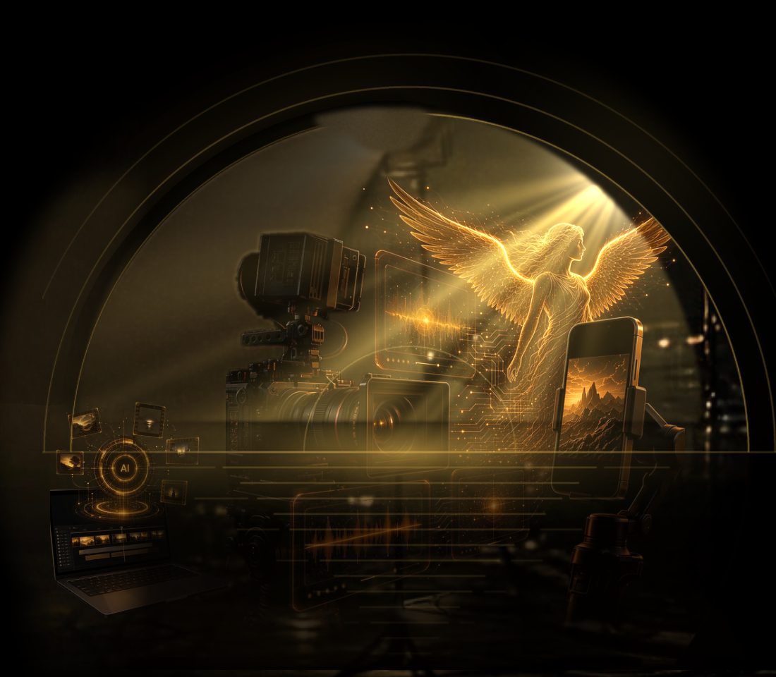 Inside a gold half-circle arch, a winged golden goddess faces dawn light streaming from the top right, above a cinema camera on its rig, a phone on a gimbal and a laptop with glowing AI rings and floating film thumbnails.